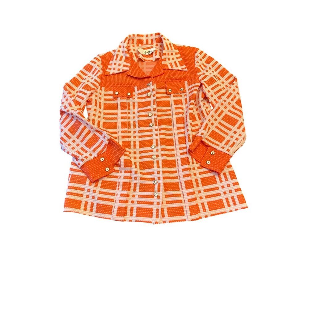 Vintage Marty Gutmacher Women Long Sleeve Button-Up Shirt Geometric Orange White